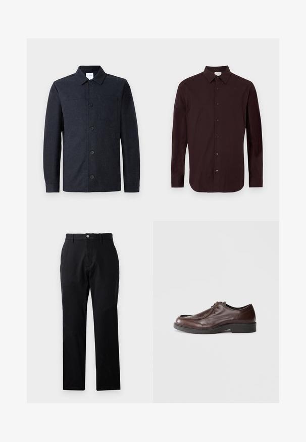 Chaqueta de manga larga abotonada de color azul marino oscuro con cuello y un bolsillo en el pecho sobre un fondo liso y claro.; Camisa de manga larga color granate hecha de tela suave. Presenta un cuello con botones y cinco botones negros en la parte delantera. Logotipo sutil en el pecho.; Pantalones negros de corte recto, hechos de una tela suave. Cuentan con un cierre de botón en la parte delantera y bolsillos laterales, con detalles de diseño mínimos.; Zapato de vestir de cuero marrón con punta redonda, acentos de costura mínimos y una suela negra resistente. Presenta un cierre con cordones y una textura suave.