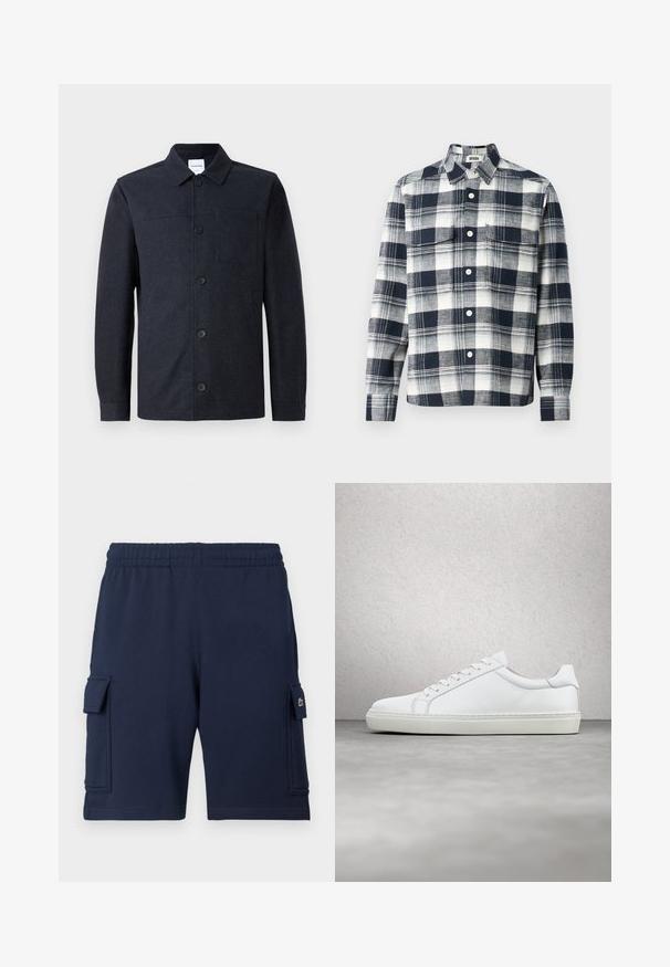 Chaqueta de manga larga abotonada de color azul marino oscuro con cuello y un bolsillo en el pecho sobre un fondo liso y claro.; Camisa de cuadros fabricada en tela azul marino y blanca. Presenta un collar abotonado, un bolsillo frontal y mangas de longitud completa.; Pantalones cortos cargo azul marino hechos de tela suave, con una cintura elástica, dos bolsillos laterales y un pequeño detalle con logo en el bolsillo izquierdo.; Zapatilla blanca con parte superior de cuero liso y perfil bajo. Presenta una puntera redondeada, seis ojales y una suela de goma texturizada.
