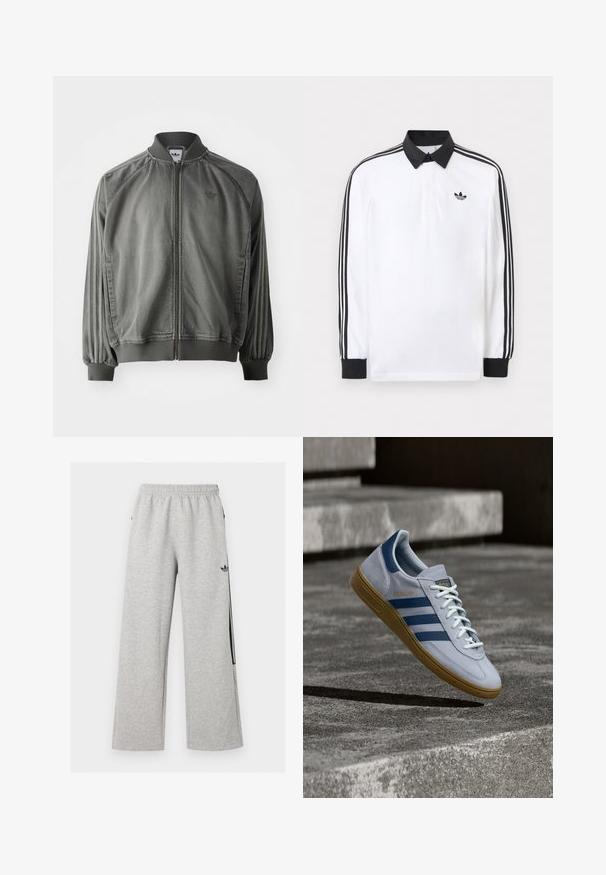 Grå sportsjakke med ribbet krave og manchetter, lynlås i fuld længde, sidelister og et lille logo på brystet. Blød tekstur.; Hvid langærmet polo med sort krave, sorte manchetter, sort tre-stribet design på ærmerne og sort Adidas-logo på brystet.; Lysegrå vidtløftede joggingbukser med elastisk talje og sort Adidas trefoil-logo på højre lår.; Lyseblå Adidas Spezial sneakers med marineblå striber og gummisål, vist i luften over betontrapper i et neutralt udendørsmiljø.