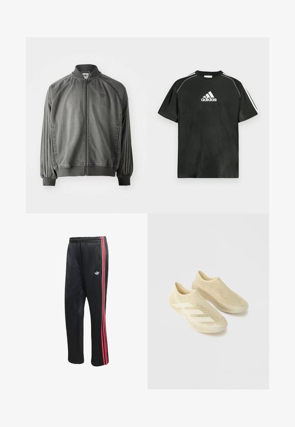 Grå sportsjakke med ribbet krave og manchetter, lynlås i fuld længde, sidelister og et lille logo på brystet. Blød tekstur.; Sort T-shirt med korte ærmer, hvide Adidas-logo på brystet og hvide striber på skuldrene. Fremstillet af glat stof, afslappet pasform.; Sorte træningsbukser med lodret ribbet tekstur, der har røde og hvide sidelommer og en lille hvid logo på venstre ben.; Par beige slip-on sko med et netlignende, gitterstruktur og tre stribedetaljer på en ensartet lysegrå baggrund.