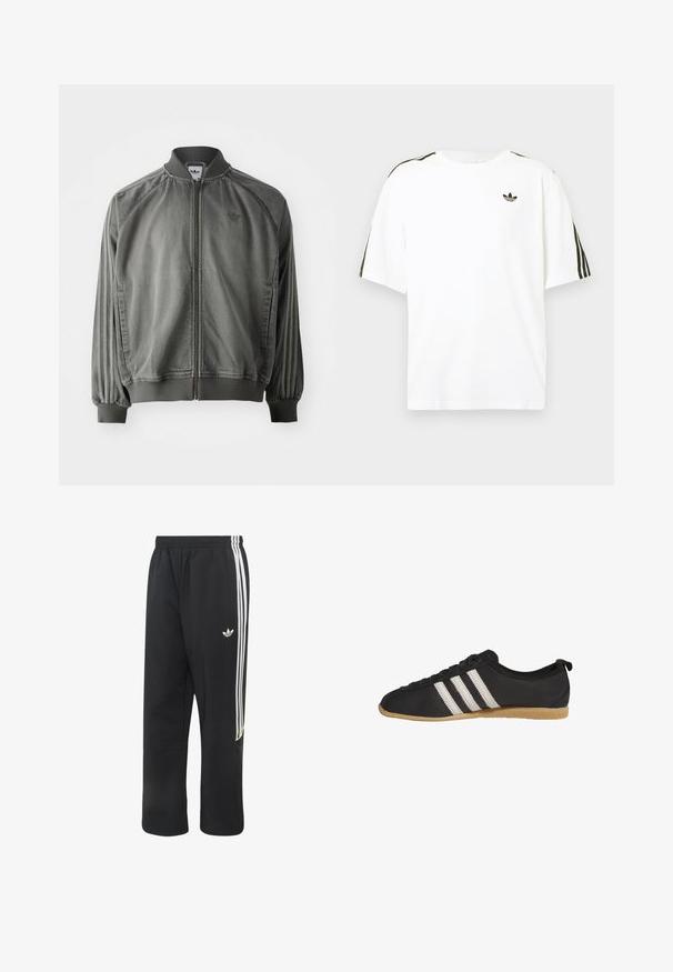 Grijze sportjack met ribgebreide kraag en manchet, ritssluiting over de volle lengte, zijstrepen en een klein logo op de borst. Zachte textuur.; Witte katoenen t-shirt met korte mouwen, voorzien van zwarte drie-strepen accenten op de schouders en een klein zwart logo op de borst.; Zwarte Adidas trainingsbroek met witte drie strepen aan de zijkanten en een klein wit Adidas-logo op de bovenste linker dij.; Zwarte lage sneaker met witte strepen en bruine rubberen zool, zijaanzicht op een witte achtergrond.