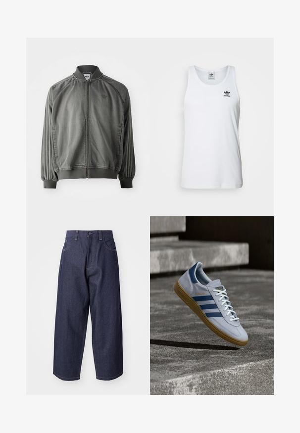 Harmaa urheilu takki, jossa on ribbikangas kaulus ja hihansuut, täyspitkä vetoketju, sivusaumat ja pieni logo rinnassa. Pehmeä rakenne.; Valkoinen ribattupintainen tank top, jossa on pyöreä pääntie, musta Adidas-logo vasemmassa rinnassa ja ilman hihoja. Pehmeää puuvillamateriaalia, rento istuvuus.; Tummansinisiä farkkuja, joissa on löysä, leveä lahkeiden muotoilu. Ominaisuuksiin kuuluvat nappisulku, etutaskut ja näkyvät ompeluakoristeet.; Vaaleansiniset Adidas Spezial -lenkkarit tummansinisillä raidoin ja kumipohjalla, esitetty ilmassa betonportaiden yllä neutraalissa ulkoilmaympäristössä.