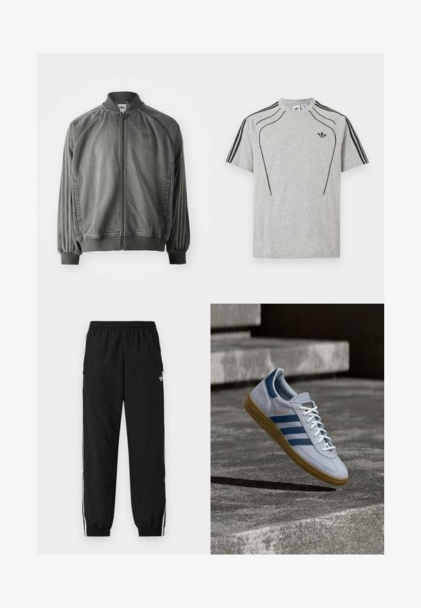 Chaqueta deportiva gris con cuello y puños acanalados, cremallera de longitud completa, rayas laterales y un pequeño logotipo en el pecho. Textura suave.; Camiseta Adidas gris claro con rayas negras en las mangas, detalles de costuras curvas negras y un pequeño logo de trébol en el lado izquierdo del pecho.; Pantalones deportivos negros con cintura elástica y puños fruncidos. Presentan franjas blancas a los lados y un pequeño logo en la parte frontal izquierda.; Zapatilla Adidas Spezial azul claro con rayas azul marino y suela de goma, mostrada en el aire sobre escalones de hormigón en un entorno exterior neutral.