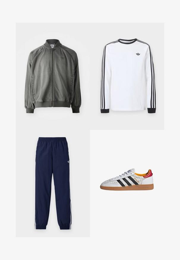 Grå sportsjakke med ribbet krave og manchetter, lynlås i fuld længde, sidelister og et lille logo på brystet. Blød tekstur.; Hvid langærmet Adidas-trøje med sort rund hals, sorte manchetter, tre sorte striber ned langs ærmerne og sort trekløverlogo på brystet.; Mørkeblå træningsbukser lavet af letvægtsstof med hvide striber på siderne, elastisk taljebånd og lille logo.; Hvid Adidas Spezial sneaker med sorte striber, gummisål, quiltet mønster, rød hælflap og gul inderfor, set fra siden.