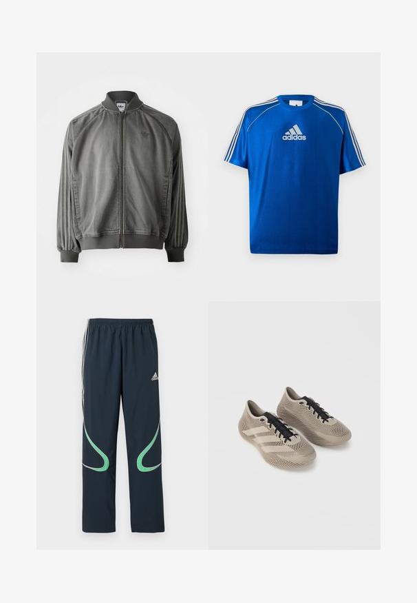 Veste de sport grise avec col et poignets côtelés, fermeture éclair sur toute la longueur, rayures sur les côtés, et un petit logo sur la poitrine. Texture douce.; T-shirt de sport Adidas bleu avec logo blanc sur la poitrine, bandes blanches sur les épaules et passepoils jaune néon sur les coutures des épaules.; Pantalons de jogging bleu marine en tissu léger, avec des bandes blanches sur les côtés et des accents courbés verts. Taille élastique pour le confort.; Paire de chaussures de sport beige avec lacets noirs, présentant un motif rayé texturé et trois bandes latérales sur un fond uni.