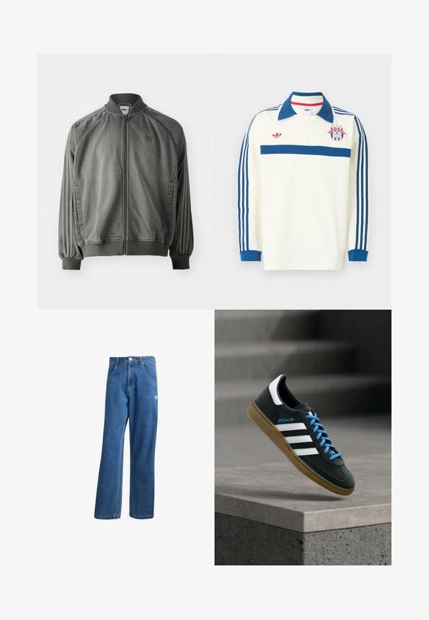 Chaqueta deportiva gris con cuello y puños acanalados, cremallera de longitud completa, rayas laterales y un pequeño logotipo en el pecho. Textura suave.; Camiseta deportiva de manga larga blanca con cuello azul, rayas azules en las mangas, franja azul en el pecho, logo rojo y un emblema de escudo con estrellas en el pecho.; Vaqueros de mezclilla anchos de talle alto en azul, con bolsillos frontales, presillas para cinturón, cierre de botón y pequeño logo de Adidas en el muslo derecho.; Zapatilla negra Adidas con franjas blancas, cordones azules y suela de goma flotando sobre un escalón de hormigón gris con luz suave.