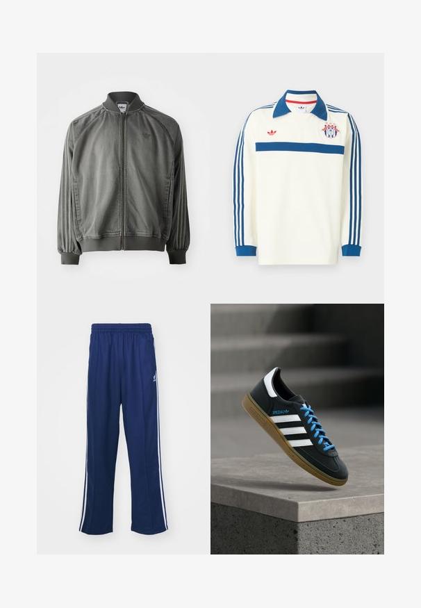 Grå sportsjakke med ribbet krave og manchetter, lynlås i fuld længde, sidelister og et lille logo på brystet. Blød tekstur.; Hvid sportstrøje med lange ærmer, blå krave, blå striber på ærmerne, blå bryststribe, rødt logo og et skjoldemblem med stjerner på brystet.; Marineblå sportbukser med en afslappet pasform, udstyret med hvide sidestativer og elastisk talje. Glat stof, ingen synlige mønstre eller hardware.; Sort Adidas sneaker med hvide striber, blå snørebånd og gummisål, der svæver over gråt betontrin i blødt lys.