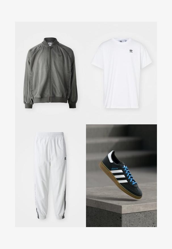 Grå sportsjakke med ribbet krave og manchetter, lynlås i fuld længde, sidelister og et lille logo på brystet. Blød tekstur.; Hvid bomulds T-shirt med korte ærmer, rund halsudskæring og et sort Adidas-logo med tre striber på venstre brystområde.; Hvide træningsbukser med sorte sidelister, elastisk talje og manchetter; har Adidas-logoet på venstre lår. Glat stoftekstur.; Sort Adidas sneaker med hvide striber, blå snørebånd og gummisål, der svæver over gråt betontrin i blødt lys.