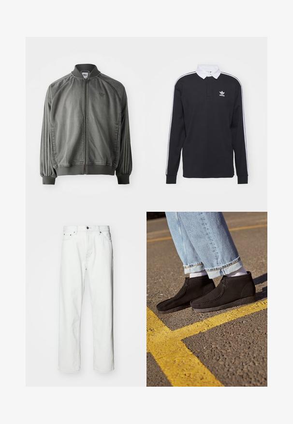 Grijze sportjack met ribgebreide kraag en manchet, ritssluiting over de volle lengte, zijstrepen en een klein logo op de borst. Zachte textuur.; Zwarte longsleeve polo met witte kraag en drie witte strepen langs de mouwen; voorzien van een geborduurd Adidas-logo op de borst.; Witte denim jeans met een rechte snit, vijf-pocket ontwerp, knoopsluiting en subtiele stikseldetails. Gladde textuur en minimalistische stijl.; Zwarte suède enkellaarsjes met een gladde textuur, een gebogen neus en gestikte details. Combinatie met lichtblauwe opgerolde jeans en witte sokken.