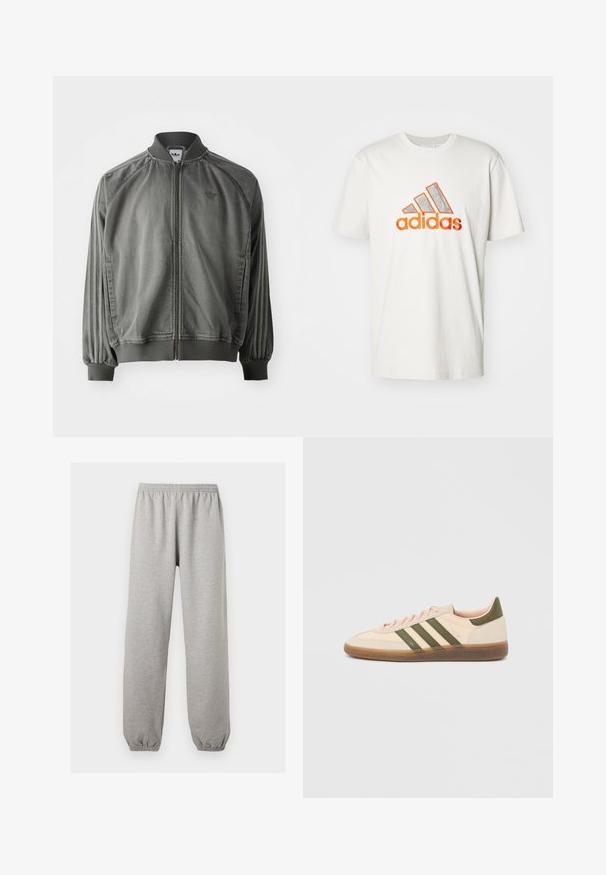 Veste de sport grise avec col et poignets côtelés, fermeture éclair sur toute la longueur, rayures sur les côtés, et un petit logo sur la poitrine. Texture douce.; T-shirt en coton blanc avec un grand logo Adidas orange et argent avec trois rayures diagonales. Manches courtes et col rond.; Pantalon de jogging gris clair avec taille et poignets élastiques, coupe droite, en tissu doux.; Baskets beige discrètes Adidas Spezial avec des bandes vertes, une semelle en caoutchouc et le logo "SPEZIAL" sur le côté, vues de l'extérieur.