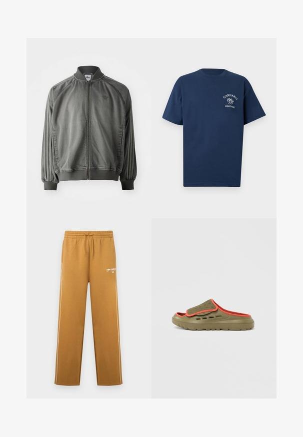 Grå sportsjakke med ribbet krave og manchetter, lynlås i fuld længde, sidelister og et lille logo på brystet. Blød tekstur.; Navyblå T-shirt med korte ærmer og lille hvidt tekstlogo "Carhartt Wip Eightynine" på venstre bryst.; Brune sweatpants med lige ben, hvide striber langs siderne, elastik i taljen, snøre og lille hvidt "new balance"-logo på det øverste lår.; Slip-on sandal med en khaki overdel, meshpanel og lyse orange kant. Har udskæringer for åndbarhed og en tekstureret gummisål.
