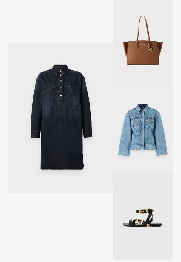 Hellblaue Jeansjacke mit einem kragenlosen Ausschnitt, Knopfverschluss und zwei Brusttaschen; mit metallischen Nietenakzenten durchgehend.; CLOSED DRESS - Jeanskleid - dark blue; Schwarze Ledersandalen mit goldenen Schnallenakzenten, die mehrere Riemen und ein flaches Sohlendesign für das Tragen mit offenen Zehen bieten.; Braune Ledertasche mit zwei Griffen, goldfarbenen Beschlägen und einem hängenden MK-Logo. Verfügt über eine strukturierte Form und eine glatte Oberfläche.
