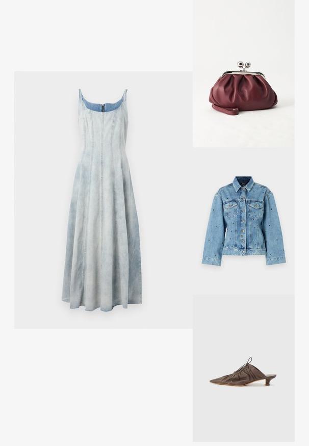 Lichtblauwe denimjacket met een kraag, knoopsluiting en twee borstzakken; beschikt over metalen studs als accent overal.; Denim jurk met een lichtblauwe gradient, aangesloten lijfje, uitlopende rok en zichtbare stikdetails. Ritssluiting aan de achterkant.; Bruine leren muil met een puntige neus, geraffineerde textuur, kleine hak en een trekkoordaccent bij de opening. Vlotte afwerking.; Kleine bordeauxrode leren clutch-portemonnee met zilverkleurige metalen sluiting en polsbandje op een witte achtergrond.