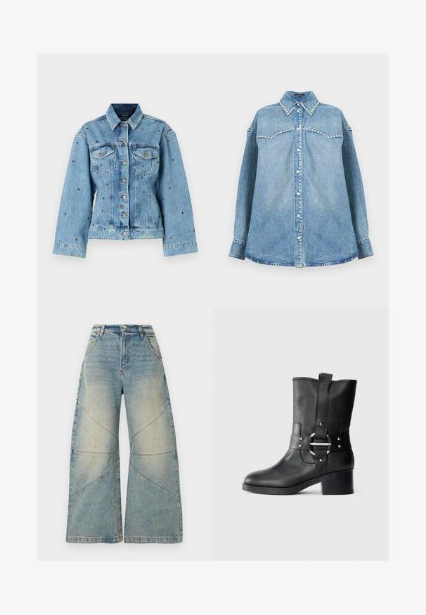 Hellblaue Jeansjacke mit einem kragenlosen Ausschnitt, Knopfverschluss und zwei Brusttaschen; mit metallischen Nietenakzenten durchgehend.; Hellblaue Denimbluse mit langen Ärmeln, perlenbesetztem Kragen und Passe, durchgehender Knopfleiste und geradem Saum auf weißem Hintergrund.; Hellblaue Jeans mit weitem Bein, hoher Taille, Knopf- und Reißverschluss, Fronttaschen und diagonalen Nahtdetails.; Schwarze Leder-Stiefelette mit strukturiertem Finish, breitem Schaft, einem Riemen mit einer metallischen Schnalle und einem klobigen Absatz.