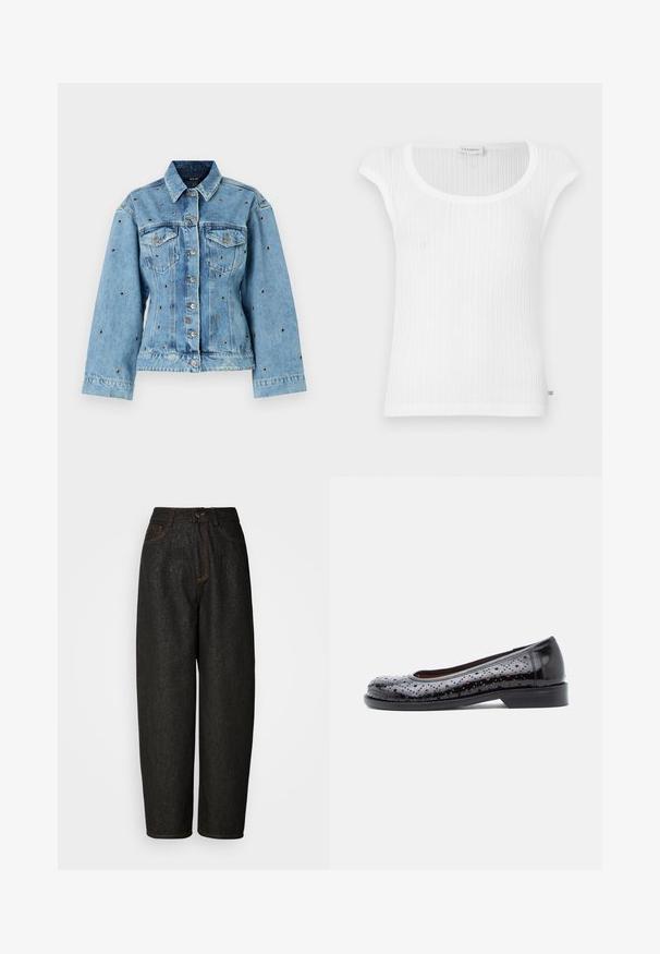 Hellblaue Jeansjacke mit einem kragenlosen Ausschnitt, Knopfverschluss und zwei Brusttaschen; mit metallischen Nietenakzenten durchgehend.; Weißes geripptes Tanktop mit Rundhalsausschnitt und kurzen Ärmeln, gefertigt aus weichem Material mit einem dezenten Markenetikett am Saum.; Schwarze Jeanshose mit lockerer Passform, hohe Taille, orangefarbene Nähte und zwei Vorderentaschen. Texturiertes Material mit dezenter Glitzeroptik.; Schwarze Ballerinas aus Lackleder mit perforiertem Design, runder Schuhspitze und niedrigem Blockabsatz. Mit kontrastierenden Nähten und glatter Oberfläche.