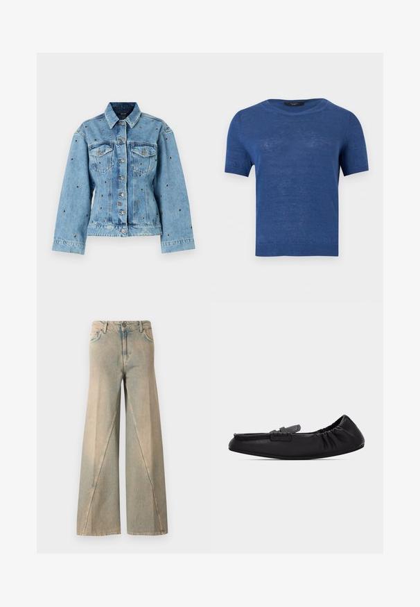Chaqueta de denim de color azul claro con cuello, cierre de botones y dos bolsillos en el pecho; presenta detalles de tachuelas metálicas en toda la prenda.; Suéter de punto azul de manga corta con cuello redondo y bordes acanalados en las mangas y el dobladillo, mostrado sobre un fondo blanco liso.; Vaqueros de pierna ancha de color azul claro, hechos de mezclilla. Presentan una cintura alta, bolsillos delanteros y un patrón de costura distintivo a lo largo de las piernas.; Mocasín plano de cuero negro con parte trasera elástica y un pequeño detalle de correa en la parte superior, visto de lado sobre un fondo blanco.