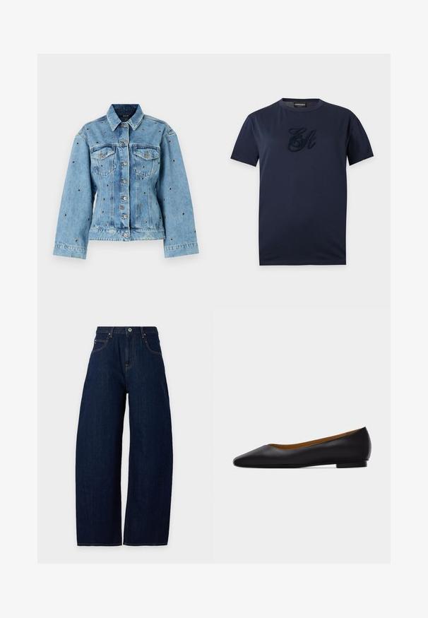 Lichtblauwe denimjacket met een kraag, knoopsluiting en twee borstzakken; beschikt over metalen studs als accent overal.; Marineblauw T-shirt met korte mouwen, ronde hals en getextureerde geborduurde initialen "EA" op de borst.; Donkerblauwe jeans met wijde pijpen, voorzakken, riemlussen en een knoop- en ritssluiting op een effen achtergrond.; Zwarte leren puntschoen met lage hak en gladde afwerking, zijaanzicht op een lichtgrijze achtergrond.