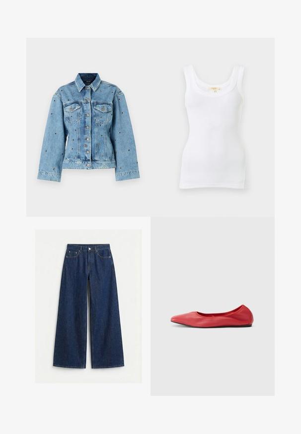 Chaqueta de denim de color azul claro con cuello, cierre de botones y dos bolsillos en el pecho; presenta detalles de tachuelas metálicas en toda la prenda.; Camiseta sin mangas blanca acanalada con escote redondo, mostrada plana sobre un fondo claro.; Vaqueros de mezclilla azul oscuro con pierna ancha, cierre con botón y cremallera en la parte delantera, trabillas para cinturón y diseño de cinco bolsillos sobre un fondo claro y liso.; Filippa K REY FLATS - Bailarinas - bright red