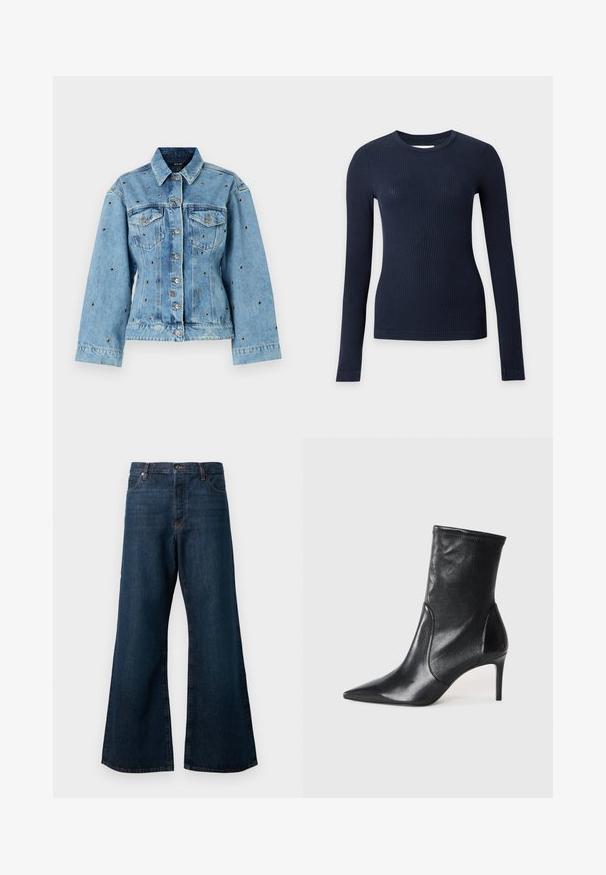 Lichtblauwe denimjacket met een kraag, knoopsluiting en twee borstzakken; beschikt over metalen studs als accent overal.; Marineblauwe geribde nauwsluitende trui met lange mouwen en ronde hals op een lichtgrijze achtergrond.; Donkerblauwe brede spijkerbroek van denim, met een hoge taille, een vijf-pocket ontwerp en contrasterende oranje stiksels langs de naden.; Zwarte enkelboots van soepel leer, met een spitse neus, een aangesloten schacht en een slanke hoge hak. Minimalistisch ontwerp zonder zichtbare hardware.