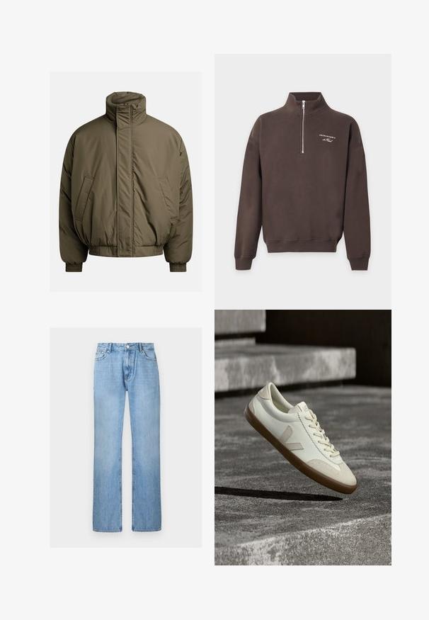 Doudoune en vert olive, présentant un col montant, des poignets élastiques et des poches latérales. Texture lisse avec une coupe décontractée et ample.; Sweat-shirt marron à manches longues avec fermeture éclair quart de zip, col montant et petit logo blanc Abercrombie & Fitch sur le côté gauche de la poitrine.; Jean droit en denim bleu clair avec bouton à l'avant et poches, présenté sur un fond blanc uni.; Baskets en cuir blanc avec semelle en caoutchouc beige, lacets plats et accent en forme de V sur le côté. Présentent une surface lisse et peu de détails de couture.