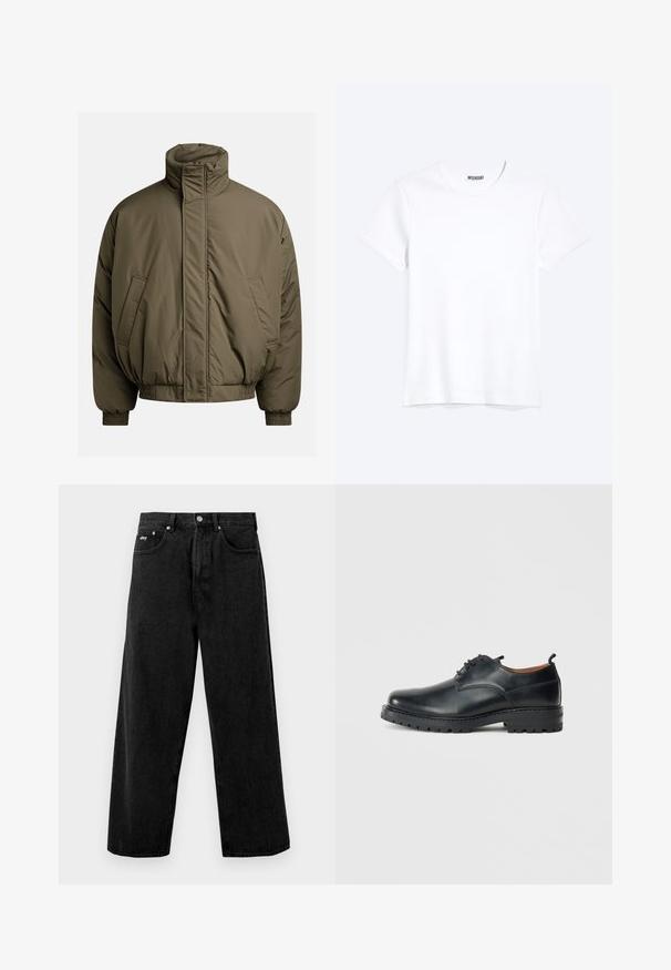 Doudoune en vert olive, présentant un col montant, des poignets élastiques et des poches latérales. Texture lisse avec une coupe décontractée et ample.; T-shirt blanc uni à manches courtes et col rond avec une étiquette de la marque WEEKDAY visible au niveau du col, présenté sur un fond clair.; Jeans larges noirs en denim, dotés d'une fermeture éclair et de poches avant. Logo de marque discret sur la ceinture. Texture mate.; Chaussures derby en cuir noir avec une texture lisse, bout rond, design à lacets et une semelle en caoutchouc épaisse et robuste.