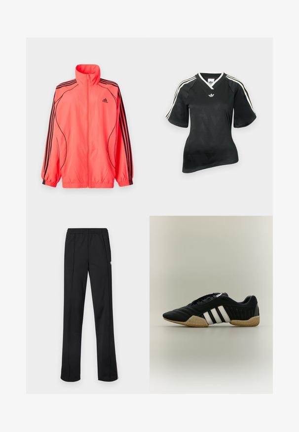 Felroze ritsjack met hoge kraag, zwarte accenten en drie zwarte strepen op elke mouw; gemaakt van lichtgewicht, gladde stof.; Zwart sportshirt met V-hals, korte mouwen en een textuur met een chevronpatroon. Voorzien van witte drie-strepen accenten op de schouders en een logo.; Zwarte sportbroek met een elastische tailleband, rechte pijpen en een wit logo aan de zijkant. Gemaakt van lichtgewicht, gladde stof.; Zwart sportief schoen met witte strepen en beige getextureerde zool op een neutrale achtergrond, weergegeven in zijprofiel.