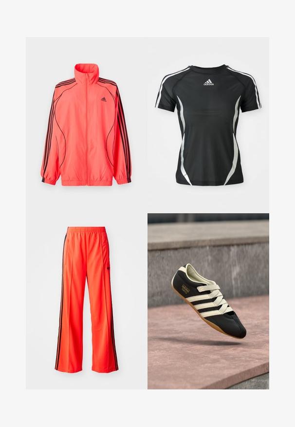 Felroze ritsjack met hoge kraag, zwarte accenten en drie zwarte strepen op elke mouw; gemaakt van lichtgewicht, gladde stof.; Zwarte Adidas sport T-shirt met korte mouwen, voorzien van witte strepen op de schouders en zilveren gebogen accenten aan de zijkanten.; Felle oranje sportbroek met een wijd broekontwerp, voorzien van zwarte zijstrepen en een elastische tailleband. Inclusief een zak met rits.; Zwart sportschoen met crèmekleurige strepen en veters, met een laag profiel, gladde textuur en een rubberen zool voor grip. Merkenlabel zichtbaar.