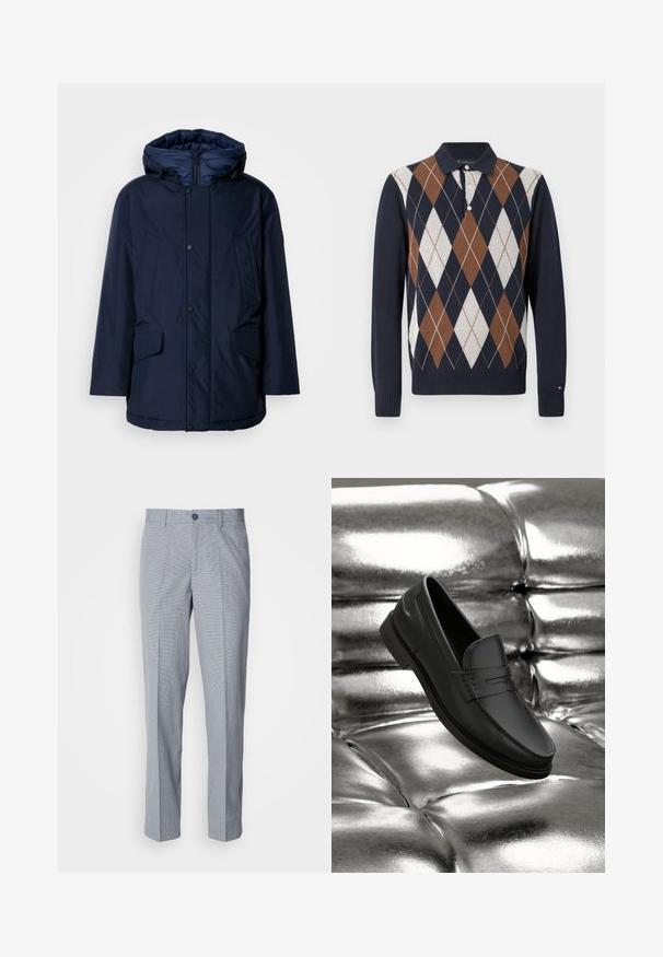 Marineblauwe geïsoleerde parka met een afneembare capuchon, drukknoopsluiting en twee voorzakken met een gladde textuur en strakke lijnen.; Gebreide poloshirt met een marineblauwe basis en een bruin, wit en crèmekleurig ruitpatroon; kraag met drie knopen en geribde manchetten.; Grijs geblokte broek, tailored fit, met een zachte textuur, flat front en een enkele knoopsluiting.; Zwarte leren mocassins met een gladde textuur, voorzien van stikdetails en een klassiek ontwerp, gepresenteerd tegen een metalen, glanzende achtergrond.
