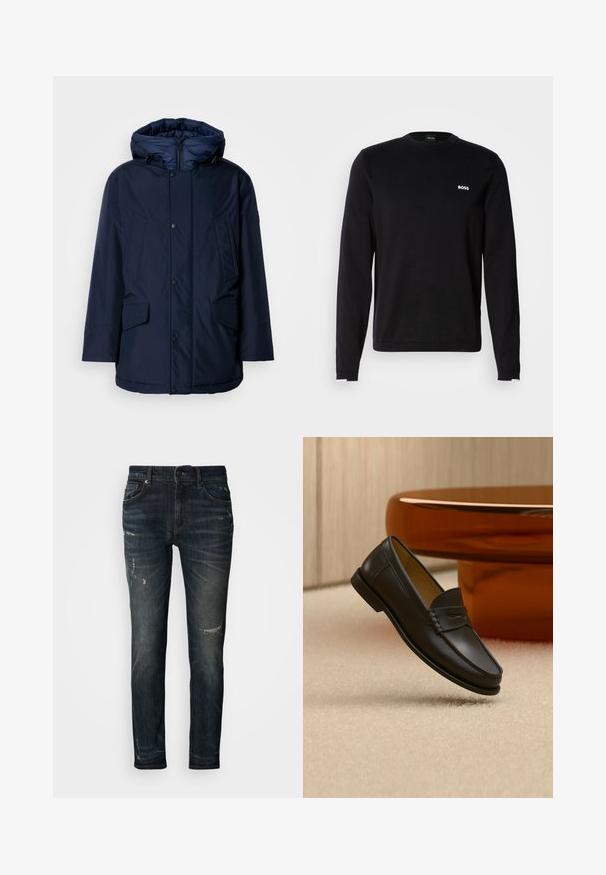 Marineblå isoleret parka med aftagelig hætte, trykknapper og to frontlommer med en glat tekstur og rene linjer.; Sort langærmet sweatshirt lavet af glat stof, med en ribbet krave og manchetter, med en hvid "BOSS"-logo på venstre bryst.; Mørkeblå denimjeans med en slank pasform, der har slidte områder og subtil falmen. Klassisk design med fem lommer, lynlås og knaplukning.; Sort læder loafer-sko hængende over beige tæppe med ravfarvet moderne møblement i baggrunden.