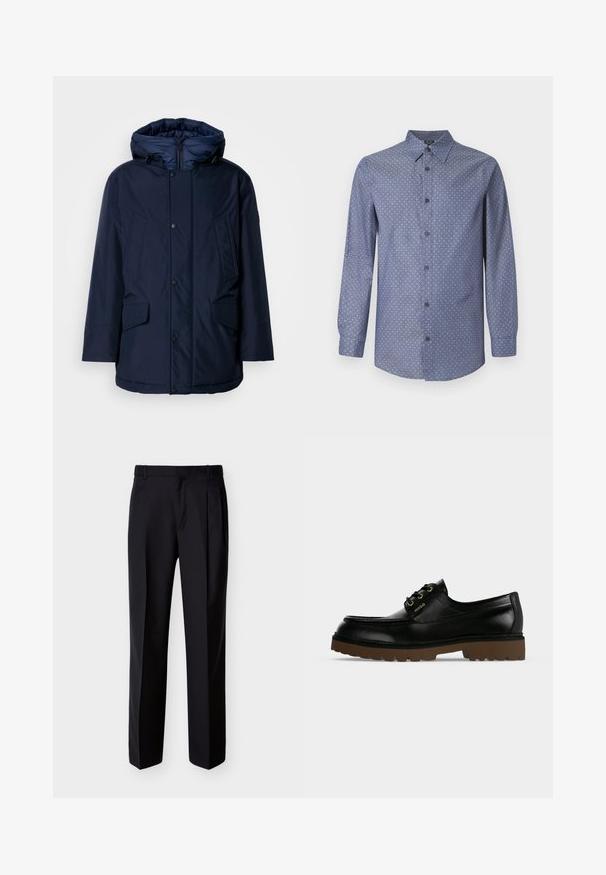 Marineblauwe geïsoleerde parka met een afneembare capuchon, drukknoopsluiting en twee voorzakken met een gladde textuur en strakke lijnen.; Blauwe overhemd met lange mouwen en een klein wit letterpatroon, met een gespreide kraag en zwarte knopen aan de voorkant.; Zwarte, op maat gemaakte broek met rechte pasvorm, geplooide voorkant en zijzakken. Gemaakt van een gladde, lichtgewicht stof met een effen patroon.; Zwarte lage leren schoen met dikke bruine geribbelde zool, veterluiting aan de voorkant en gouden "Hugo" logo op het zijpaneel.