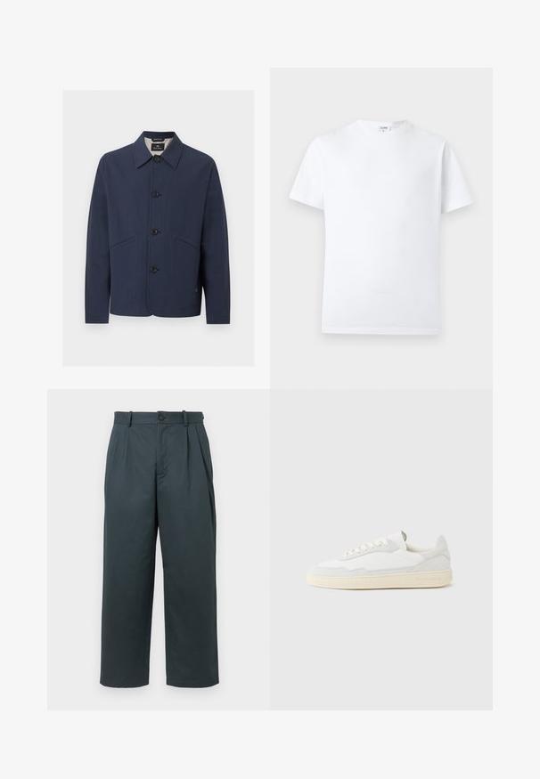 Veste bleu marine à boutons avec col, manches longues et deux poches diagonales à l'avant, fabriquée en tissu texturé.; T-shirt blanc uni à manches courtes et col rond, avec une petite étiquette intérieure au niveau de l'encolure, présenté sur un fond neutre.; Pantalons larges en vert foncé fabriqués en tissu léger et doux. Avec des plis à l'avant, une fermeture à bouton et des passants de ceinture. Design ajusté.; Baskets blanches avec dessus en daim et cuir texturé. Caractérisées par un bout arrondi, une fermeture à lacets et une semelle en caoutchouc beige contrastante.