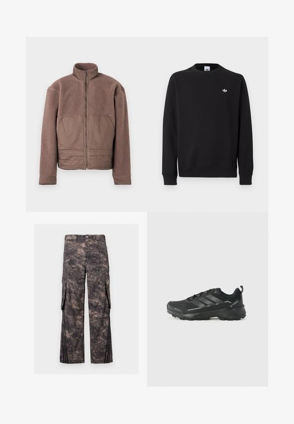 Pruun fliiskate, millel on täispikk tõmblukk, kõrge krae ja siledad kangapaneelid rinna- ja alumisel esiküljel.; Must musta crewneck-pusaka pikkade varrukatega ja vasakule rinnale väikese valge Adidas trefoil-logoga.; Tumedat hallid tööpüksid abstraktse kamuflaažimustriga, ees nööp ja lukk, külgedel kaanedega taskud ning mustad vertikaalsed triibud servade lähedal.; Mustad mustotoode, millel on tekstuuriga kangast ülemine osa, kolm hõbedast triipu, tugevdustatud varvas ja karm kummist tall, mis tagab haakumise.