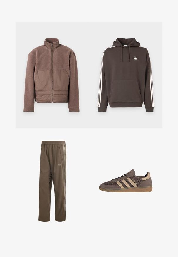 Chaqueta de forro polar marrón con cremallera frontal completa, cuello alto y paneles de tela suave en el pecho y la parte inferior frontal.; Sudadera con capucha marrón con el logo blanco de Adidas en el pecho, tres rayas blancas a lo largo de las mangas, bolsillo frontal tipo canguro y capucha con cordón ajustable.; Pantalones deportivos de pana marrón con cintura elástica, bolsillo lateral con cremallera y rayas beige claro a los lados.; Zapatilla Adidas Spezial marrón y beige con patrón pata de gallo, rayas beige, suela de goma y detalles en ante, mostrada de lado.