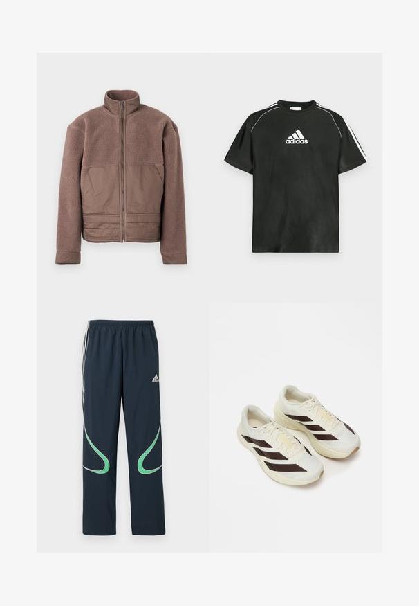 Braune Fleecejacke mit vollem Frontreißverschluss, hohem Kragen und glatten Stoffpaneelen auf der Brust und der unteren Vorderseite.; Schwarzes T-Shirt mit kurzen Ärmeln, weißem Adidas-Logo auf der Brust und weißen Streifen auf den Schultern. Aus glattem Stoff, in lockerem Schnitt.; Marineblaue Jogginghose aus leichtem Stoff, mit weißen Streifen an den Seiten und grünen geschwungenen Akzenten. Elastischer Bund für zusätzlichen Komfort.; Helle Laufcremeschuhe mit dunkelbraunen diagonalen Streifen, strukturiertem Mesh-Obermaterial und gepolsteter Sohle. Mit gelbem "ADIZERO" Branding.