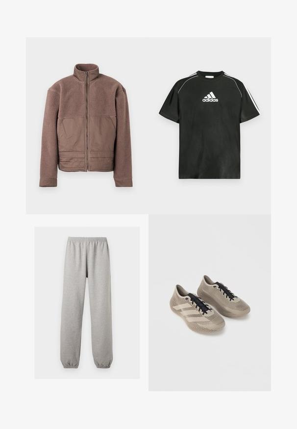 Chaqueta de forro polar marrón con cremallera frontal completa, cuello alto y paneles de tela suave en el pecho y la parte inferior frontal.; Camiseta negra de manga corta con logo blanco de Adidas en el pecho y rayas blancas en los hombros. Fabricada con tela suave, corte holgado.; Pantalones deportivos gris claro con cinturilla y puños elásticos, corte recto, fabricados con tela suave.; Par de zapatillas deportivas beige con cordones negros, con un patrón texturizado a rayas y tres franjas laterales sobre un fondo liso.