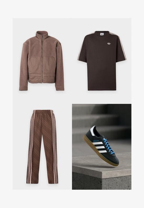 Brun fleecejakke med fuld frontlynlås, høj krave og glatte stofpaneler på brystet og nederste front.; Brun bomuld t-shirt med korte ærmer, med hvide striber på skuldrene og et lille hvidt logo på brystet.; Brune træningsbukser med lyserøde lodrette striber på siderne og et gentaget løvmønster over det hele, elastisk talje, lige ben pasform.; Sort Adidas sneaker med hvide striber, blå snørebånd og gummisål, der svæver over gråt betontrin i blødt lys.