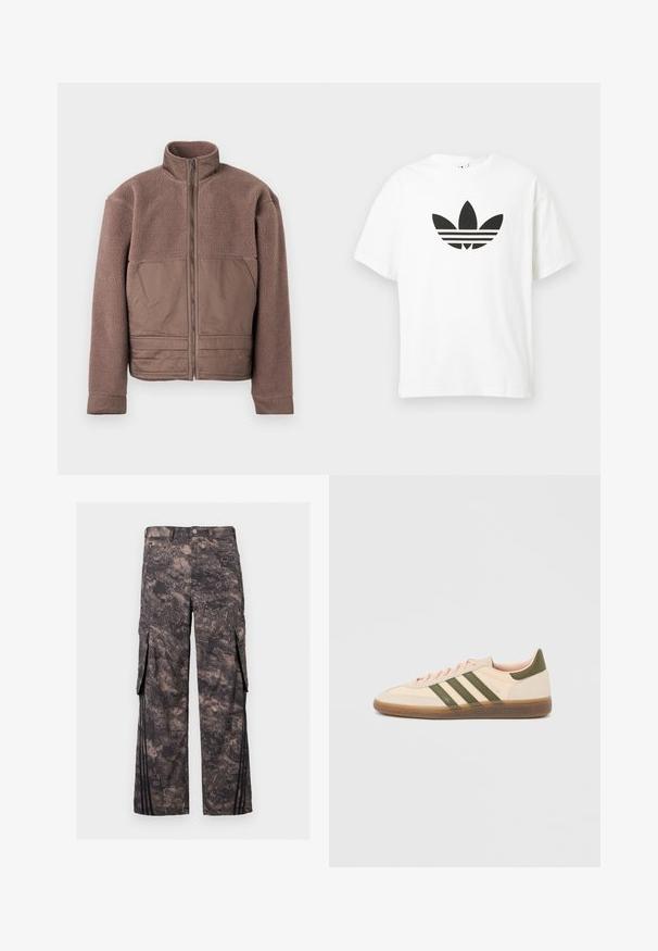Chaqueta de forro polar marrón con cremallera frontal completa, cuello alto y paneles de tela suave en el pecho y la parte inferior frontal.; Camiseta de algodón blanca con un gran logo de trébol negro de Adidas y tres franjas horizontales debajo. Manga corta, cuello redondo.; Pantalones cargo gris oscuro con patrón de camuflaje abstracto, botón y cremallera delanteros, bolsillos laterales con solapa y rayas verticales negras cerca de los bajos.; Zapatilla Adidas Spezial beige de perfil bajo con rayas verdes, suela de goma y la marca "SPEZIAL" en el lateral, vista desde el lado exterior.