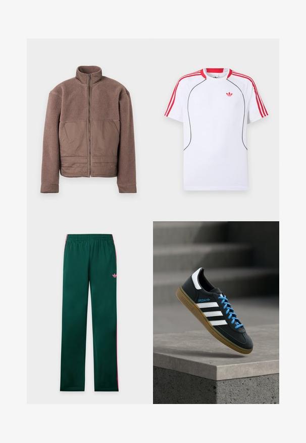 Chaqueta de forro polar marrón con cremallera frontal completa, cuello alto y paneles de tela suave en el pecho y la parte inferior frontal.; Camiseta deportiva blanca de manga corta con rayas rojas en los hombros y las mangas, ribete negro en la parte delantera y logo trebol rojo de Adidas en el pecho.; Pantalones deportivos verdes con rayas rosas en los laterales, cintura elástica, bolsillos y un pequeño logo rosa de Adidas en el muslo izquierdo.; Zapatilla negra Adidas con franjas blancas, cordones azules y suela de goma flotando sobre un escalón de hormigón gris con luz suave.
