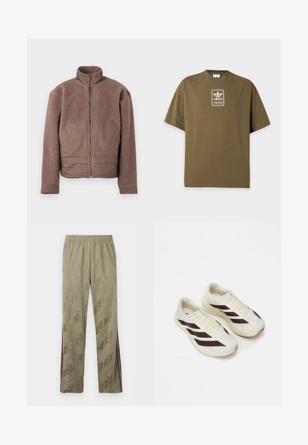 Braune Fleecejacke mit vollem Frontreißverschluss, hohem Kragen und glatten Stoffpaneelen auf der Brust und der unteren Vorderseite.; Olivgrünes Adidas T-Shirt mit kleinem weißem Logo und Textpatch zentriert auf der Brust vor schlichtem hellem Hintergrund.; Hellolivgrüne Sporthose mit dezenten diagonalen Logomustern, elastischem Bund, Seitentaschen und dunklen Seitenstreifen.; Helle Laufcremeschuhe mit dunkelbraunen diagonalen Streifen, strukturiertem Mesh-Obermaterial und gepolsteter Sohle. Mit gelbem "ADIZERO" Branding.