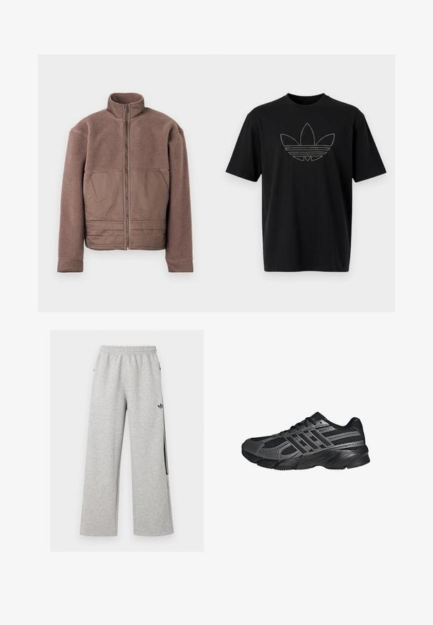 Chaqueta de forro polar marrón con cremallera frontal completa, cuello alto y paneles de tela suave en el pecho y la parte inferior frontal.; Camiseta de algodón negra que presenta un gran logo de Adidas contorneado con líneas horizontales en un material reflectante en la parte frontal. Mangas cortas.; Pantalones deportivos anchos de color gris claro con cintura elástica y logo negro de Adidas trefoil en el muslo derecho.; Zapatillas deportivas negras hechas de malla y materiales sintéticos, que presentan una superficie texturizada, múltiples rayas grises y un collar acolchado.