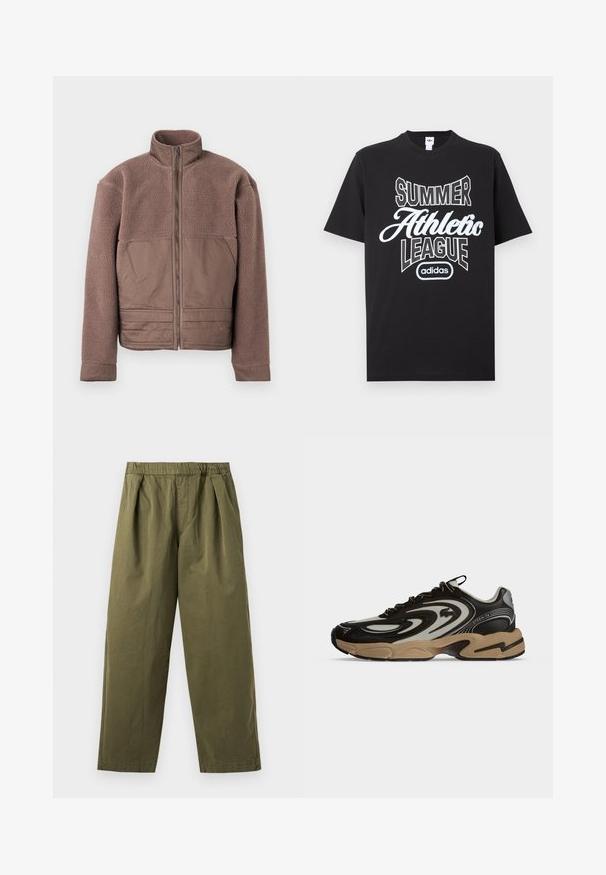 Bruine fleece jas met volledige rits aan de voorkant, hoge kraag en gladde stofpanelen op de borst en de onderkant voor.; Zwart katoenen T-shirt met witte grafische tekst: "SUMMER ATHLETIC LEAGUE" met het adidas-logo eronder, korte mouwen en een ronde hals.; Olijfgroene broek met wijde pijpen, een elastische tailleband en plooien aan de voorkant, getoond tegen een lichte achtergrond.; Zwart-beige sneaker met golfachtige patronen, vetersluiting en dikke zool op een effen lichte achtergrond.
