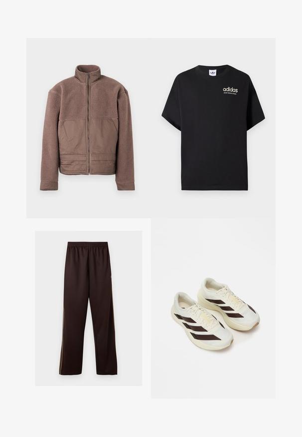 Braune Fleecejacke mit vollem Frontreißverschluss, hohem Kragen und glatten Stoffpaneelen auf der Brust und der unteren Vorderseite.; Schwarzes Baumwoll-T-Shirt mit kurzen Ärmeln, ausgestattet mit einem Rundhalsausschnitt und einem weißen Adidas-Logo mit "SPORT DESIGN STUDIO" in Gold. Glatte Textur.; Dunkelbraune, weit geschnittene Hose mit elastischem Bund und dezenten hellbraunen Seitenstreifen, vor einem schlichten weißen Hintergrund präsentiert.; Helle Laufcremeschuhe mit dunkelbraunen diagonalen Streifen, strukturiertem Mesh-Obermaterial und gepolsteter Sohle. Mit gelbem "ADIZERO" Branding.