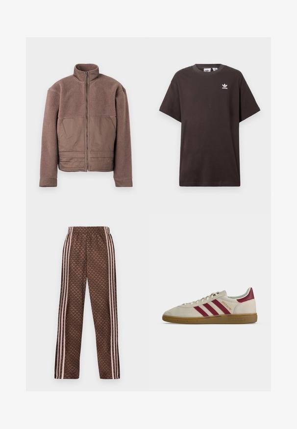Chaqueta de forro polar marrón con cremallera frontal completa, cuello alto y paneles de tela suave en el pecho y la parte inferior frontal.; Camiseta de algodón marrón oscuro con mangas cortas, cuello redondo y logo blanco de Adidas en el lado izquierdo del pecho. Diseño simple y de corte relajado.; Pantalones de chándal marrones con rayas verticales en rosa claro en los laterales y patrón repetido de hojas por todo el tejido, cintura elástica y corte recto en las piernas.; Zapatilla beige Adidas Spezial con tres franjas burdeos, lengüeta trasera burdeos, suela de goma y texto dorado "Spezial" en el lateral.