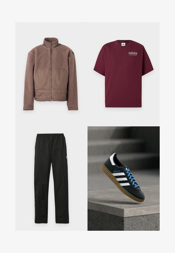 Chaqueta de forro polar marrón con cremallera frontal completa, cuello alto y paneles de tela suave en el pecho y la parte inferior frontal.; Camiseta de manga corta burdeos hecha de algodón. Presenta un cuello redondo y un pequeño logo blanco de "adidas" con "SPORT DESIGN STUDIO" debajo.; Pantalones deportivos negros con cintura elástica, corte recto, detalles de cremalleras laterales y franjas blancas a los lados. Textura suave.; Zapatilla negra Adidas con franjas blancas, cordones azules y suela de goma flotando sobre un escalón de hormigón gris con luz suave.