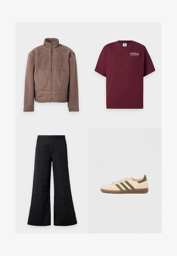Braune Fleecejacke mit vollem Frontreißverschluss, hohem Kragen und glatten Stoffpaneelen auf der Brust und der unteren Vorderseite.; Burgunderfarbenes T-Shirt mit kurzen Ärmeln aus Baumwolle. Verfügt über einen Rundhalsausschnitt und ein kleines weißes "adidas"-Logo mit "SPORT DESIGN STUDIO" darunter.; Schwarze weite Hosen aus glattem Stoff, mit vorderen Falten und einem Bund. Sauberes Design ohne sichtbare Muster oder Akzente.; Flacher, beigefarbener Adidas Spezial Sneaker mit grünen Streifen, Gummisohle und "SPEZIAL" Schriftzug an der Seite, von der Außenseite gezeigt.