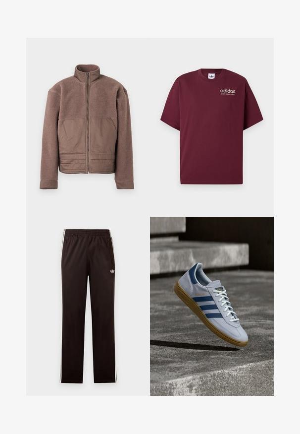 Bruine fleece jas met volledige rits aan de voorkant, hoge kraag en gladde stofpanelen op de borst en de onderkant voor.; Bordeaux kortebragige t-shirt van katoen. Heeft een ronde hals en een klein wit "adidas" logo met daaronder "SPORT DESIGN STUDIO".; Zwarte Adidas trainingsbroek met elastische tailleband, witte zijstrepen, met rits afsluitbare zakken en klein trefoil-logo op de linker dij.; Lichtblauwe Adidas Spezial sneaker met marineblauwe strepen en rubberen zool, getoond in de lucht boven betonnen trappen in een neutrale buitenomgeving.
