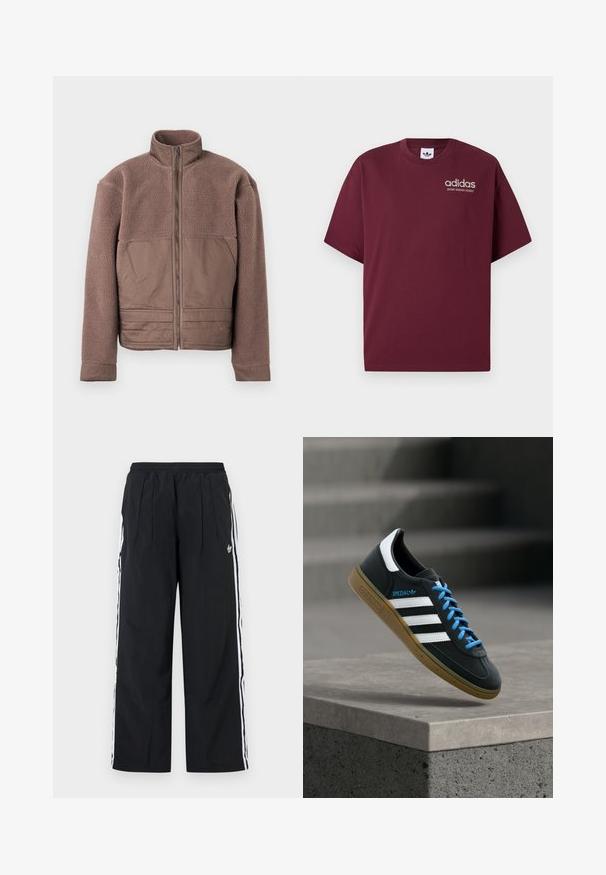 Braune Fleecejacke mit vollem Frontreißverschluss, hohem Kragen und glatten Stoffpaneelen auf der Brust und der unteren Vorderseite.; Burgunderfarbenes T-Shirt mit kurzen Ärmeln aus Baumwolle. Verfügt über einen Rundhalsausschnitt und ein kleines weißes "adidas"-Logo mit "SPORT DESIGN STUDIO" darunter.; Schwarze, weit geschnittene Hose mit weißen Seitenstreifen, elastischem Bund, vorderen Falten und Adidas-Logo am rechten Oberschenkel.; Schwarzer Adidas-Sneaker mit weißen Streifen, blauen Schnürsenkeln und Gummisohle, der über einer grauen Betontreppe im weichen Licht schwebt.
