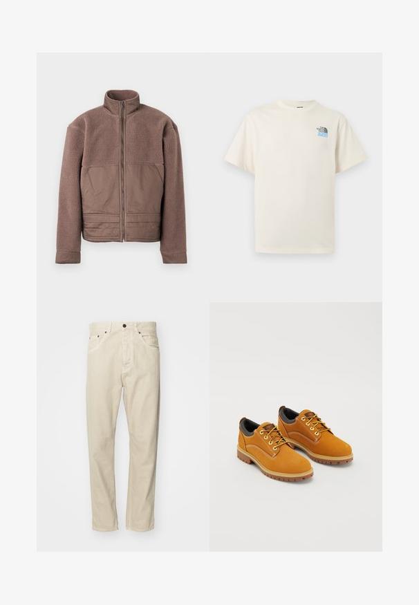 Bruine fleece jas met volledige rits aan de voorkant, hoge kraag en gladde stofpanelen op de borst en de onderkant voor.; Off-white T-shirt met korte mouwen, ronde hals en een klein zwartblauw The North Face-logo op de linkerborst.; Beige katoenen broek met een rechtopstaand ontwerp, vijf zakken en metalen hardwareaccenten. Gladde textuur met minimale stikseldetails.; Bruine suède schoenen met een ronde neus, gele veters, een gewatteerde zwarte kraag en rubberen zolen met gripgroeven.