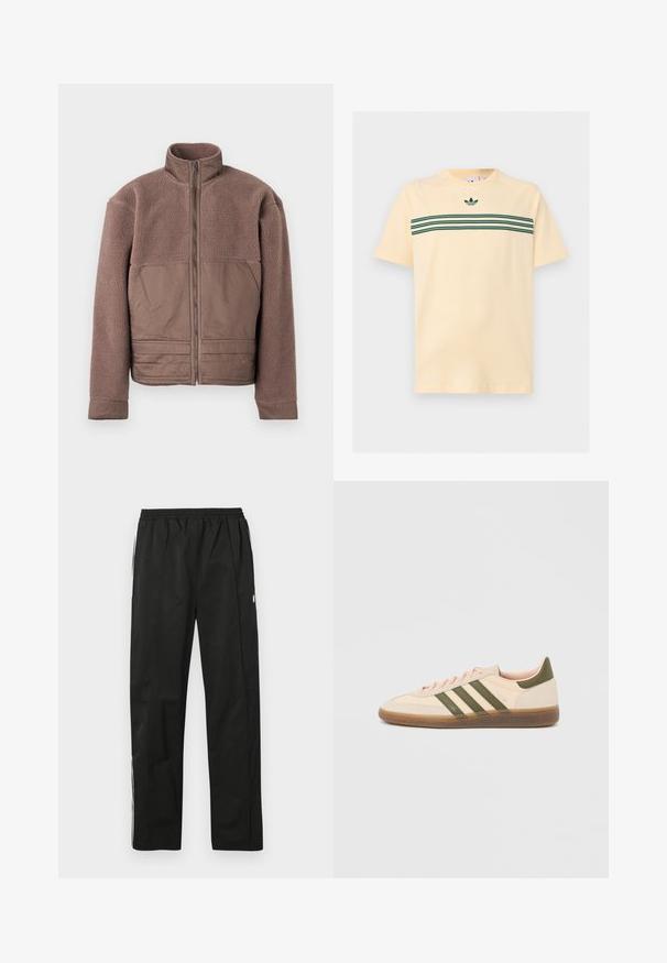 Chaqueta de forro polar marrón con cremallera frontal completa, cuello alto y paneles de tela suave en el pecho y la parte inferior frontal.; Camiseta de manga corta de color beige claro con triples rayas horizontales verde oscuro en el pecho y un pequeño logo de Adidas trefoil encima de las rayas.; Pantalones deportivos negros con cintura elástica, corte recto, detalles de cremalleras laterales y franjas blancas a los lados. Textura suave.; Zapatilla Adidas Spezial beige de perfil bajo con rayas verdes, suela de goma y la marca "SPEZIAL" en el lateral, vista desde el lado exterior.