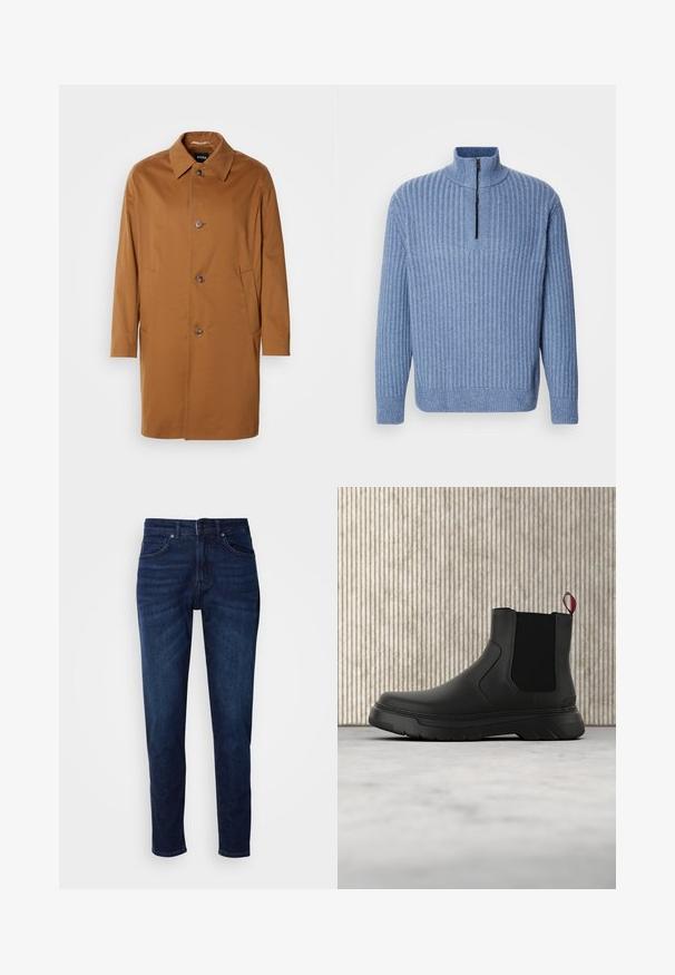 Brun trenchcoat med krave, to sidelommer og tre frontknapper. Fremstillet af glat stof og med et lige snit.; Lyst blå ribbestrikket sweater med opretstående krave og en delvis lynlås ved halsen; har lange ærmer og en lige kant.; Mørkeblå denimbukser med lige ben, der har lommer og knaplukning i taljen. Blød tekstur, minimal falming.; Sort ankelstøvle med en glat overflade, elastiske sidepaneler og en kontrasterende rød træksløjfe, der har en tyk gummisål og rund tå.